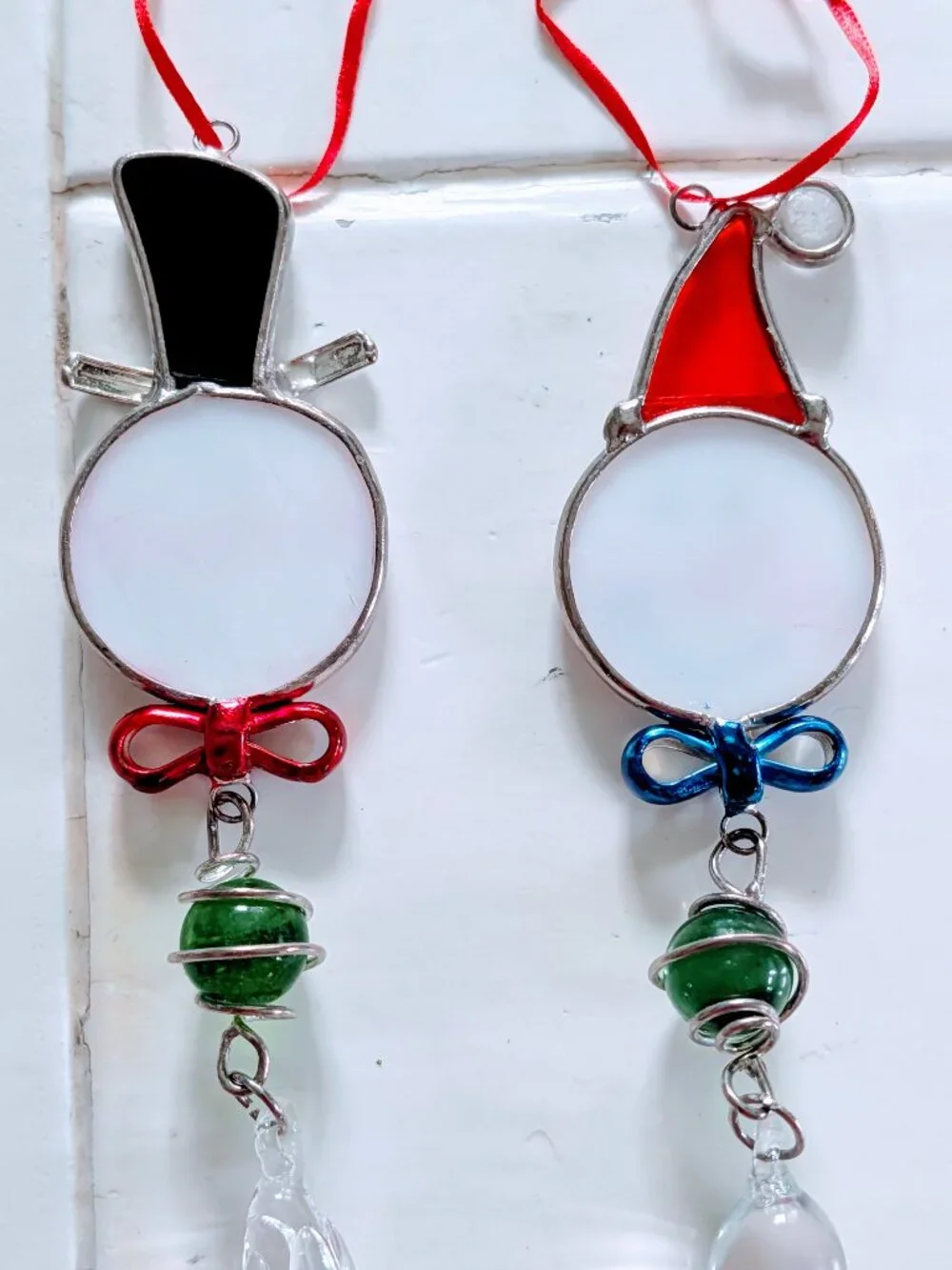 Set of 2 VTG Stained Glass Snowman Icicle Christmas Ornaments Suncatcher 9